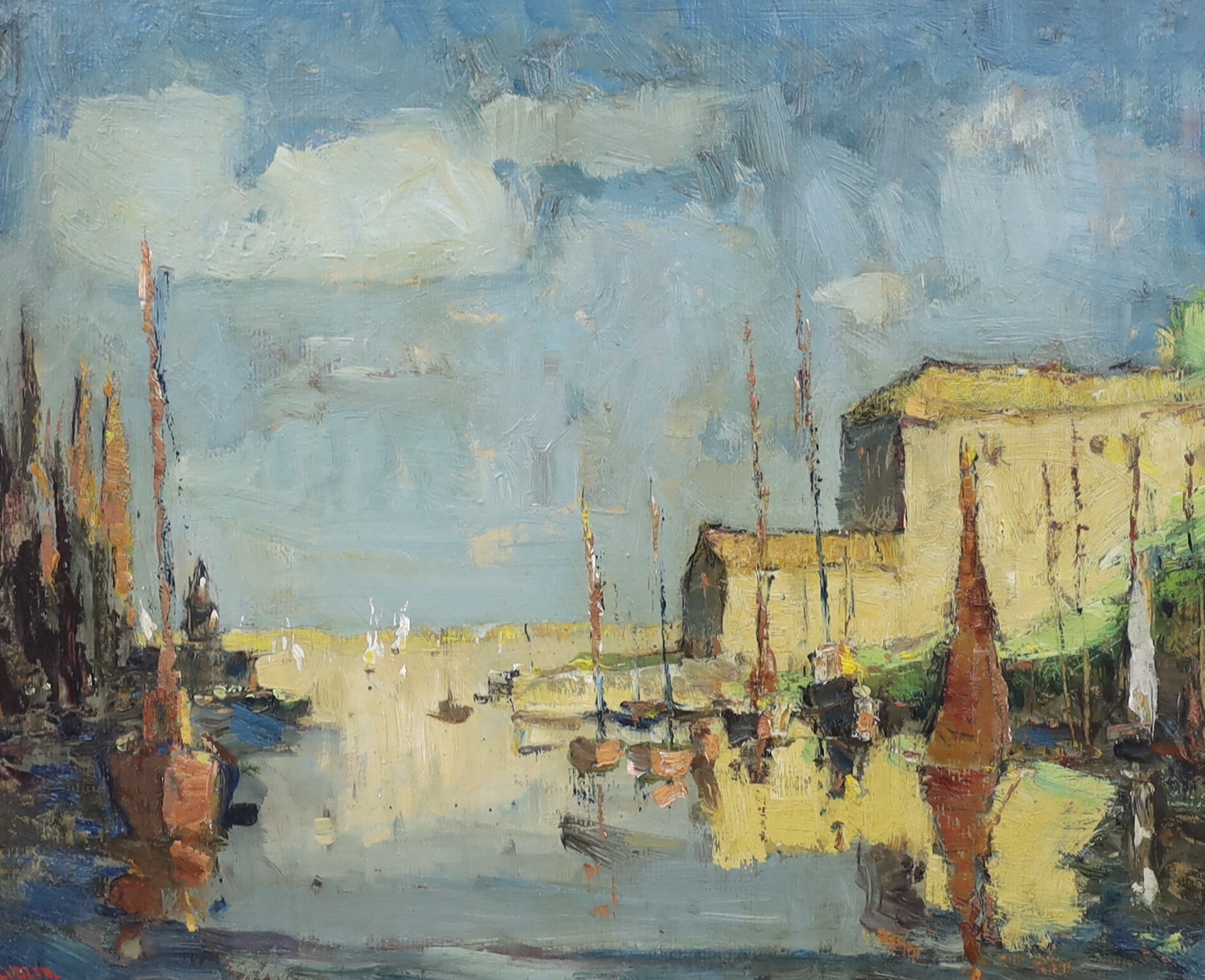 William Ludlow (fl.1930-1960), impressionist oil on board, Harbour scene with moored boats, signed, 45 x 54cm